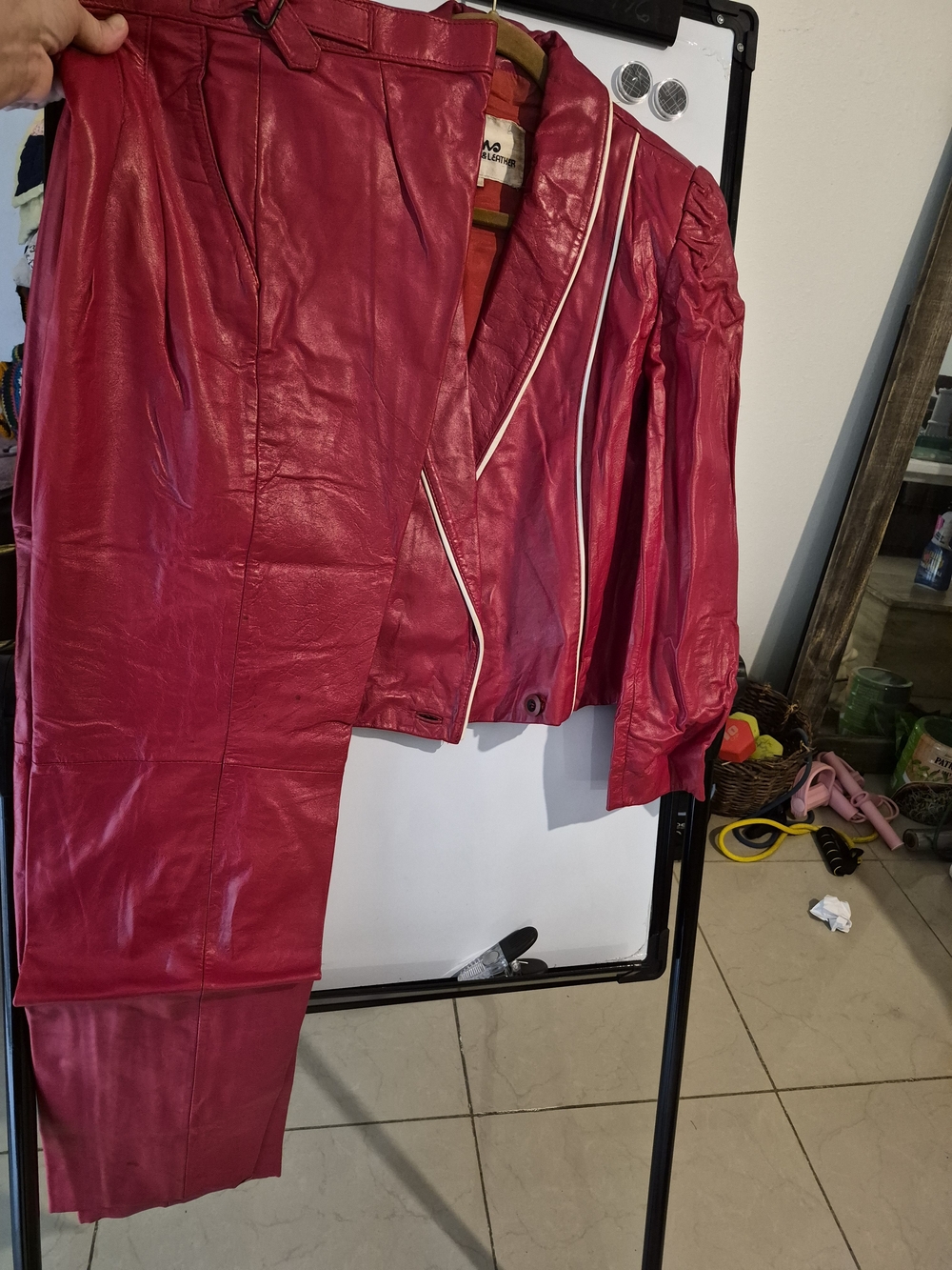 Wilsons Leather Hot Pink Leather Jacket and Pants Set with Contrast Piping